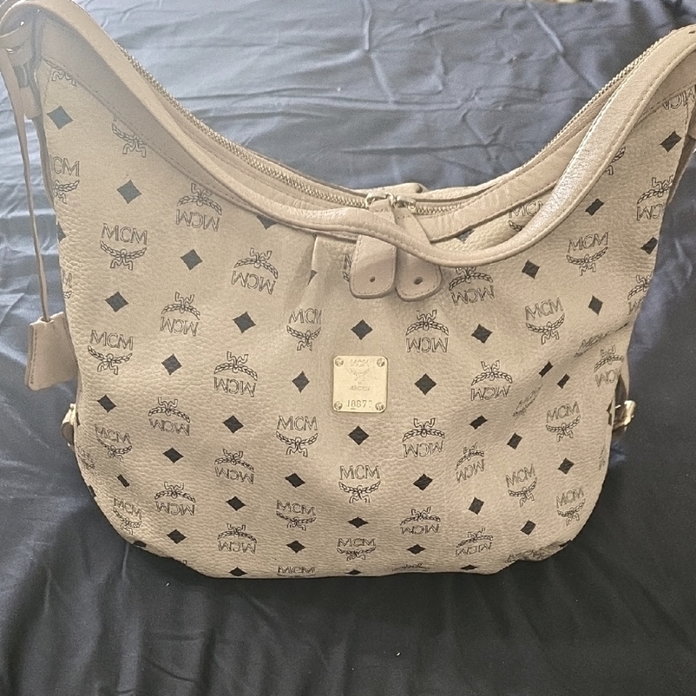 MCM Beige Monogram Women's Hobo Shoulder Bag With Dustbag
